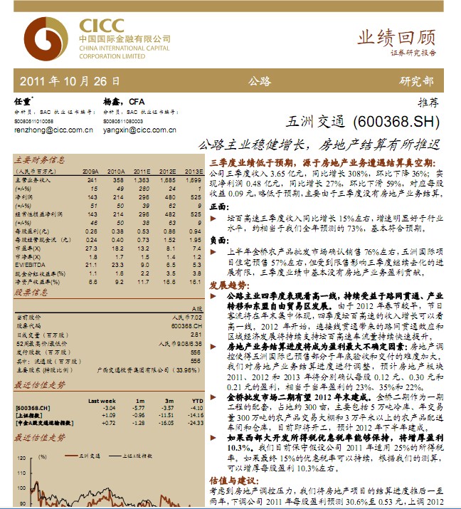 五洲交通-600368-公路主業(yè)穩(wěn)健增長(zhǎng),房地產(chǎn)結(jié)算有所推遲