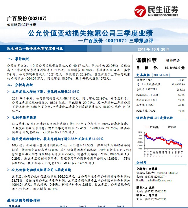 廣百股份-002187-三季報公允價值變動損失拖累公司業(yè)績
