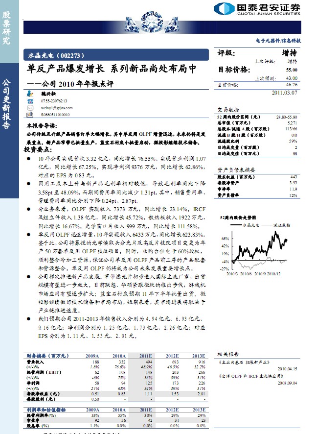 水晶光電(002273)2010年年報(bào)點(diǎn)評:單反產(chǎn)品爆發(fā)增長
