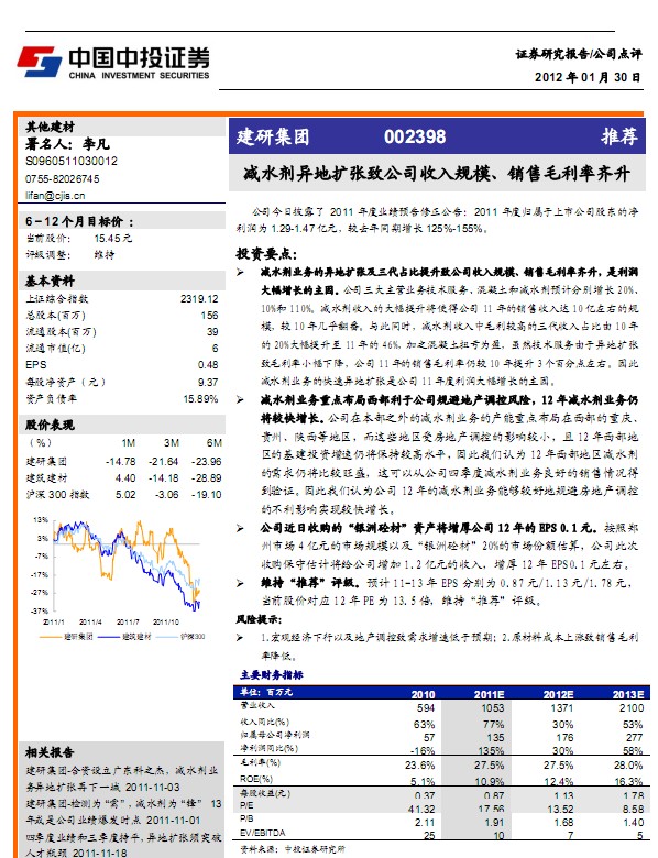 建研集團-002398-減水劑業(yè)務異地擴張致公司收入規(guī)模