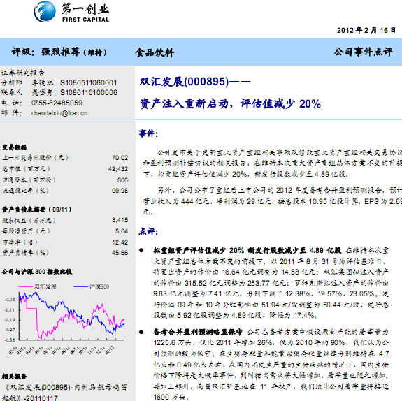 雙匯發(fā)展-000895-資產(chǎn)注入重新啟動,評估值減少20%