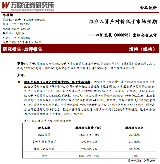 雙匯發(fā)展-000895-重組公告點評:擬注入資產(chǎn)對價低于市場預期