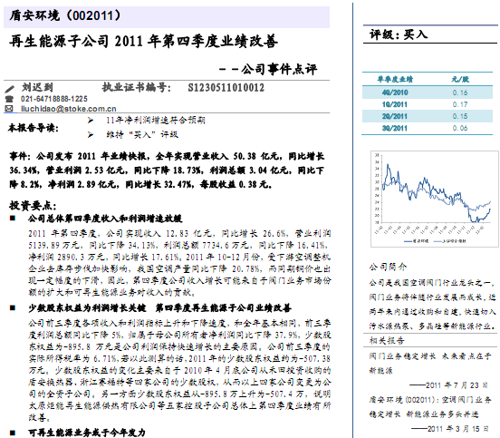 盾安環(huán)境-002011-再生能源子公司2011年第四季度業(yè)績改善