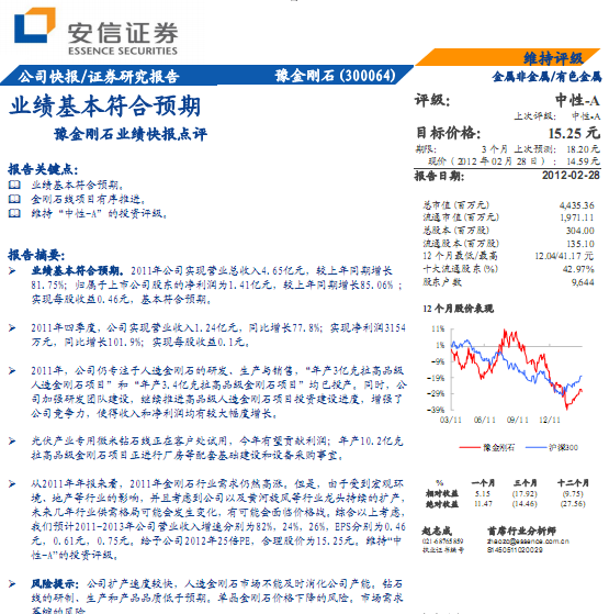豫金剛石-300064-業(yè)績基本符合預(yù)期