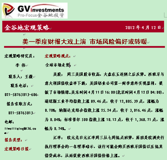研究報告:美一季度財報大戲上演 市場風險偏好或轉(zhuǎn)暖