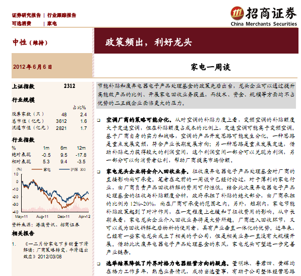 家電行業(yè)研究報告:家電行業(yè)一周談:政策頻出,利好龍頭